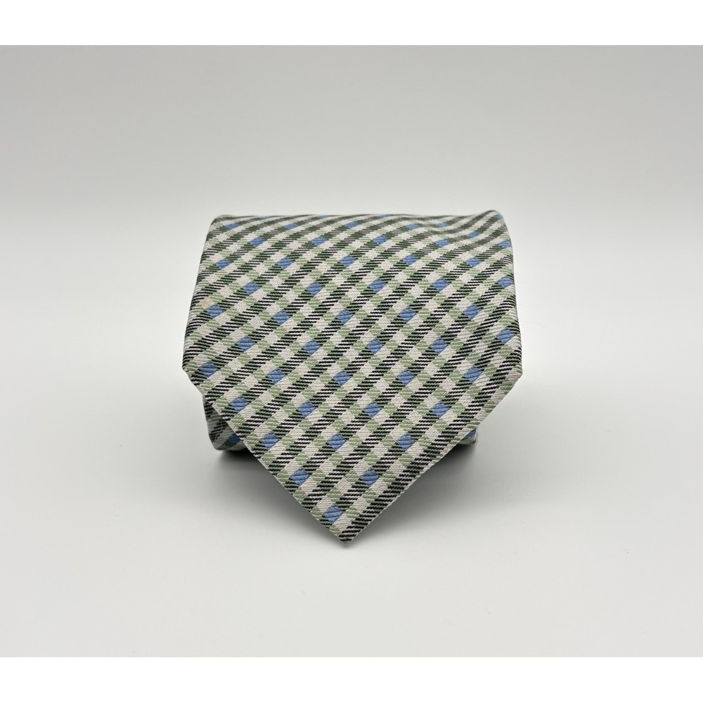 Lands' End Silk Necktie Green & Blue Checkered Tie Hand-sewn USA